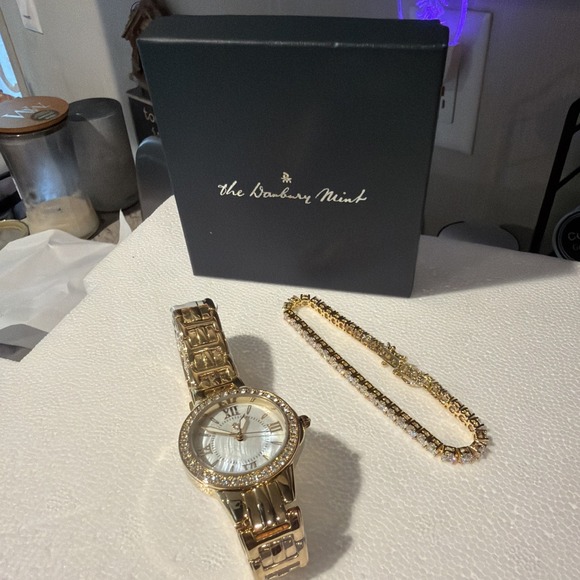 Danbury Mint Jewelry - Danbury Mint Gold-tone Watch MOP Dial and Crystal Tennis Bracelet Box Set NWOT